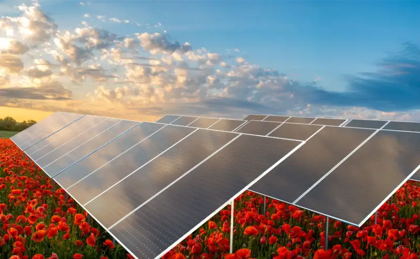 Panele słoneczne na tle kwitnących maków pokazują, jak działa elektrownia słoneczna, przekształcając światło w czystą energię.