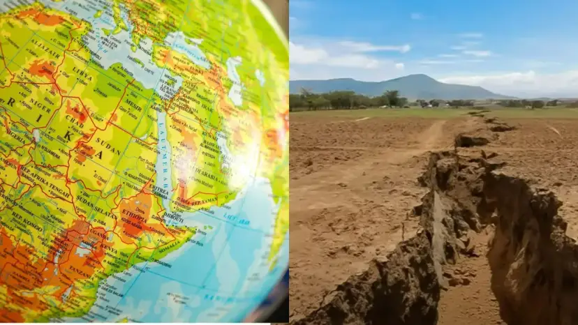 Mapa świata z zaznaczonym **Rów Afrykański** i jego krajobrazem.