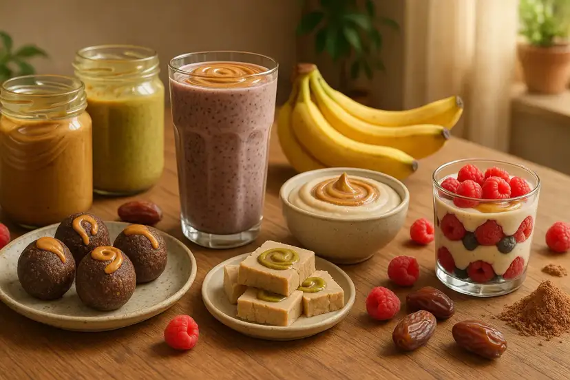 Zdrowe słodkości: batony, smoothie, deser z malinami i borówkami. Idealne, by czym słodzić deser zamiast cukru, używając daktyli i masła orzechowego.