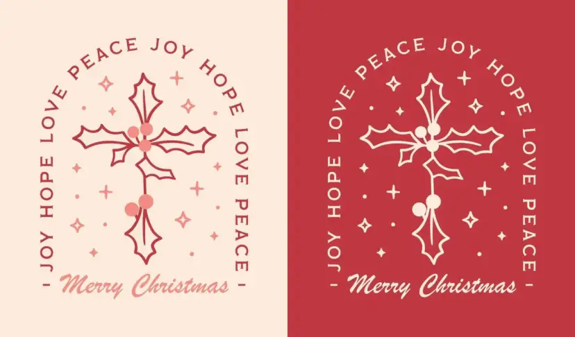 Zwei Weihnachtsgrafiken mit Mistelzweigen, Sternen und den Worten "Joy Hope Love Peace" sowie "Merry Christmas".