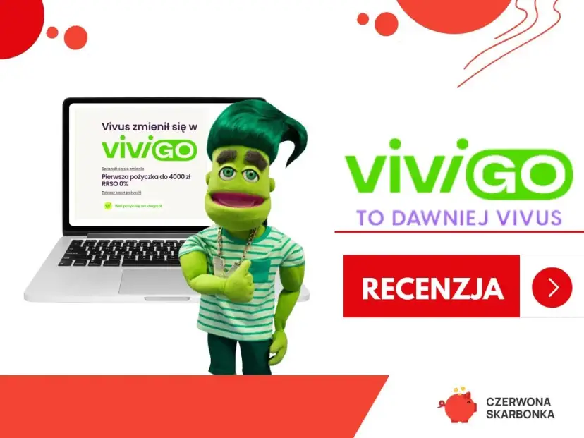 Zielona postać z lalki reklamuje Vivus, teraz Vivigo. Pierwsza pożyczka 4000 zł RRSO 0%. Sprawdź, jakie vivus odsetki oferuje.