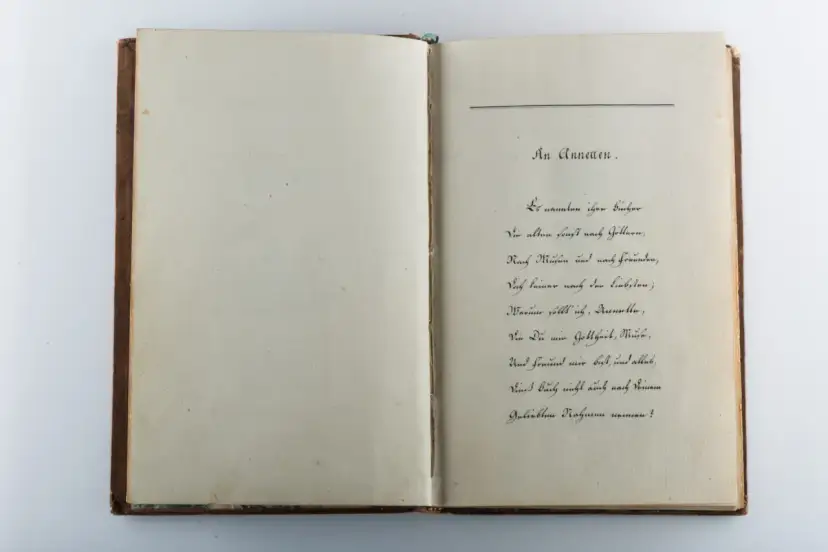Ein aufgeschlagenes Buch mit handschriftlichem Gedicht auf der rechten Seite.