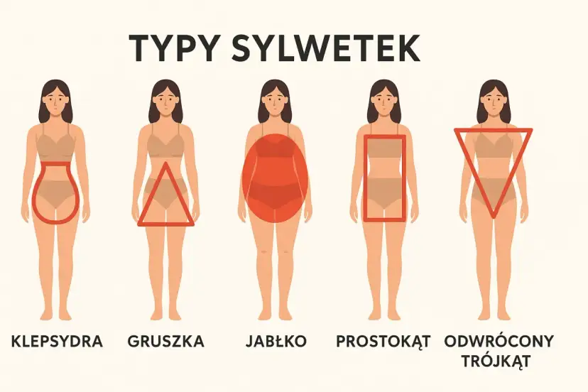 Ilustracja przedstawia pięć typów sylwetek kobiecych: klepsydra, gruszka, jabłko, prostokąt i odwrócony trójkąt.