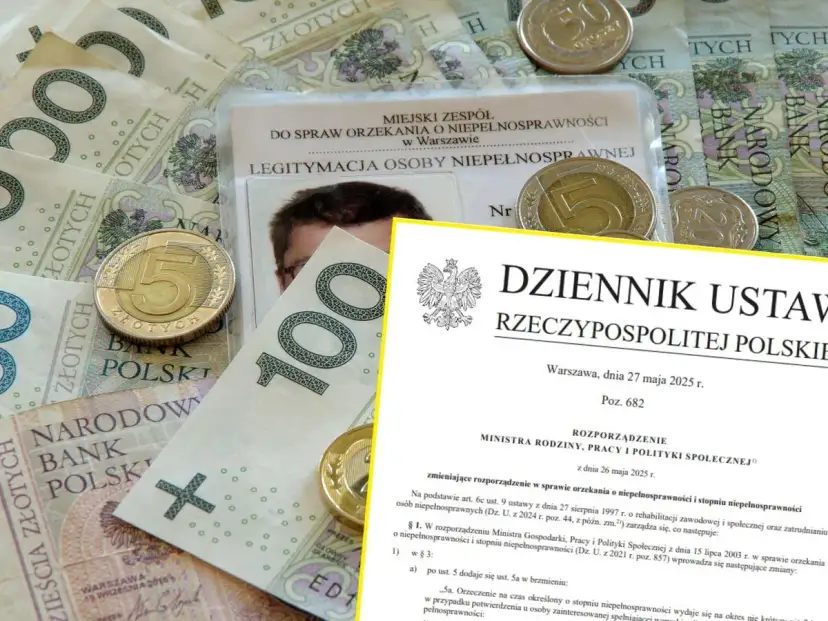 Legitymacja osoby niepełnosprawnej, monety i banknoty polskie.