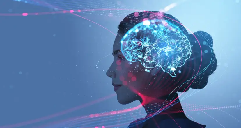 Profil kobiety z neonowym mózgiem i cyfrowymi liniami danych.