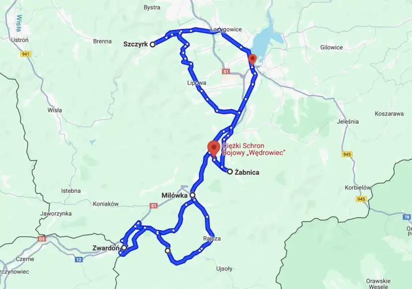 Mapa z zaznaczoną trasą motocyklową przez Szczyrk, Żywiec i okolice.
