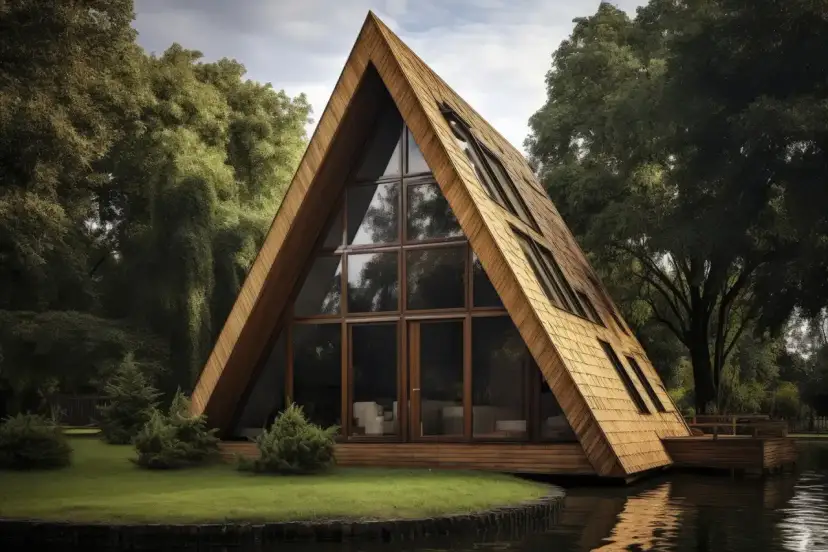 Drewniany dom w kształcie litery A nad wodą. Chcesz wiedzieć, ile drewna na dom szkieletowy? Kalkulator pomoże Ci to obliczyć.