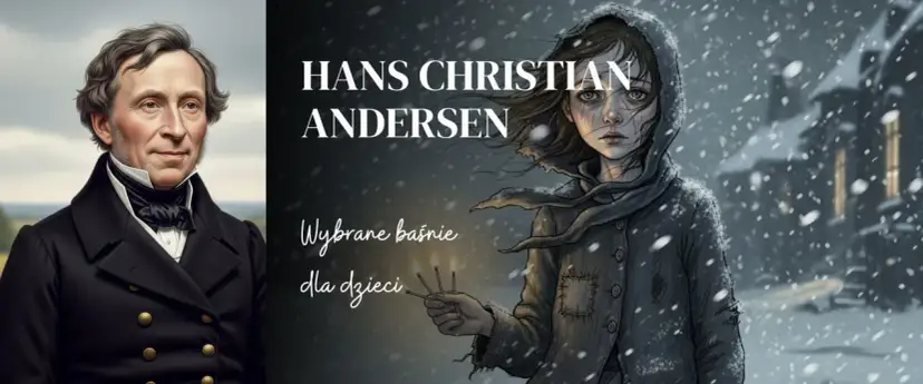 Portret Hansa Christiana Andersena obok dziewczynki z zapałkami. Ilustracja przypomina, co przeżył baśń Andersena, ukazując zimno i nadzieję.