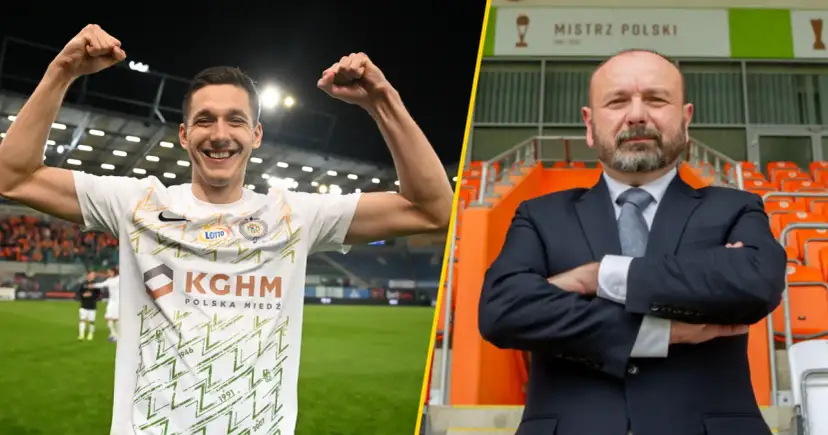 Piłkarz świętuje sukces, a obok niego prezes klubu, który może być liderem ekstraklasy.