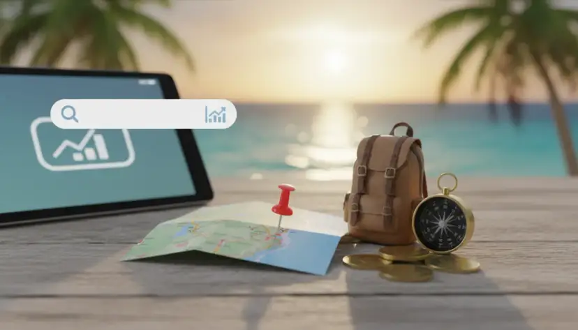 Tablet z wyszukiwarką, mapa, plecak, kompas i monety na tle plaży.