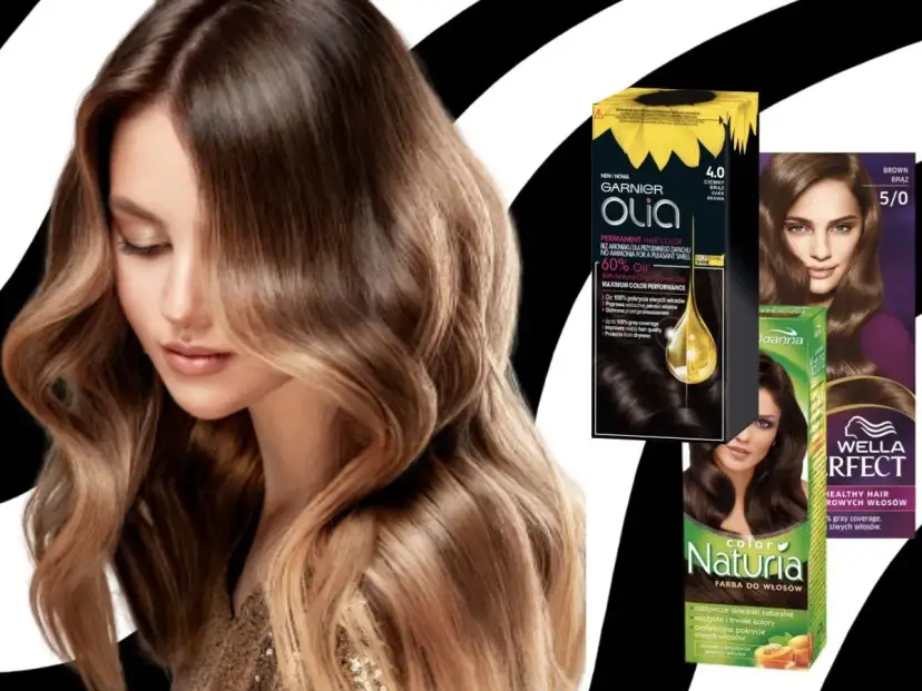 Kobieta z długimi, falowanymi włosami w odcieniach brązu i blondu, obok opakowania farb do włosów.