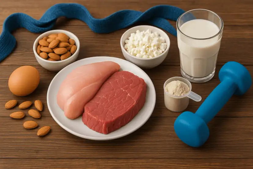 Białko po treningu to klucz do regeneracji. Na zdjęciu: mięso, kurczak, jajko, twaróg, migdały, mleko i odżywka białkowa.