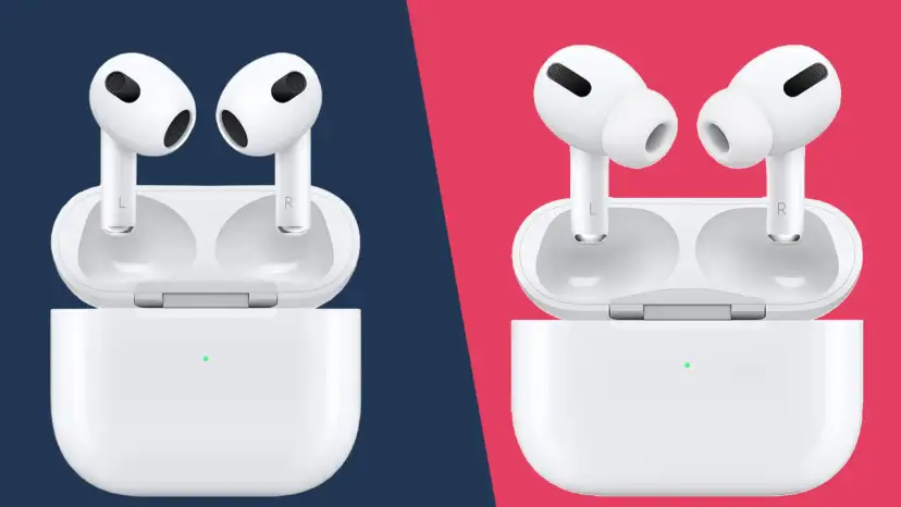 Zwei weiße Apple AirPods (3. Gen. links, Pro rechts) in ihren geöffneten Ladecases, geteilt durch einen Farbverlauf.