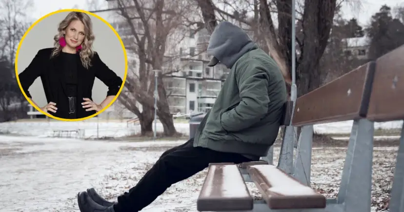 Kobieta w okręgu i przygnębiona osoba siedząca na ławce w zimowym parku.