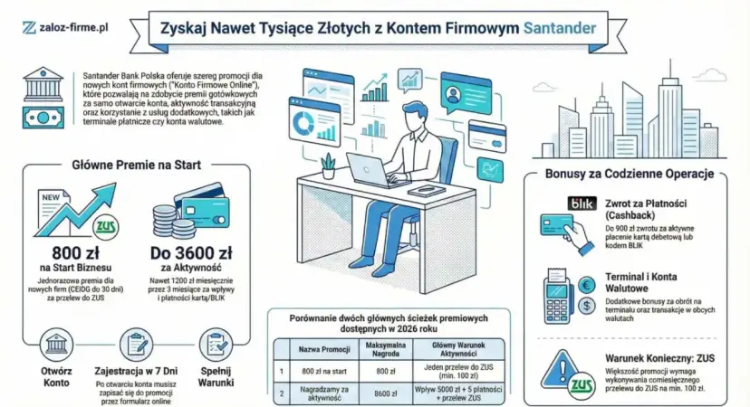 Promocja Santander: premia 800 zł za otwarcie konta firmowego i przelew do ZUS, do 3600 zł za aktywność. Konto debetowe z bonusem BLIK.