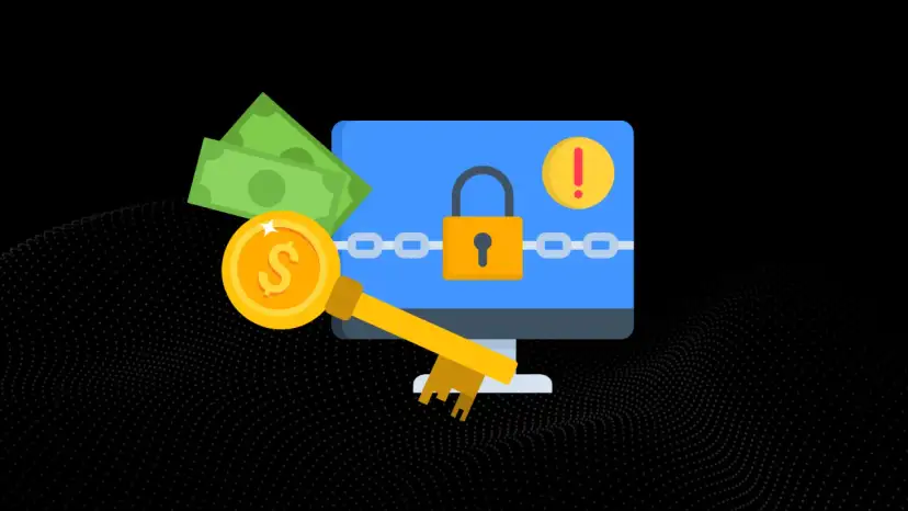 Klucz do odblokowania danych, pieniądze i zablokowany komputer. To ilustracja pokazująca, czym jest ransomware.