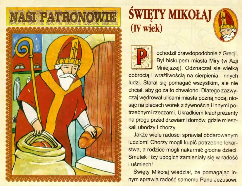 Ilustracja z baśni o św. Mikołaju: biskup z laską i workiem pełnym chleba, który obdarowuje potrzebujących.