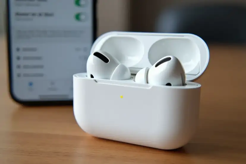 Białe słuchawki AirPods Pro w etui, obok wygaszonego ekranu telefonu.