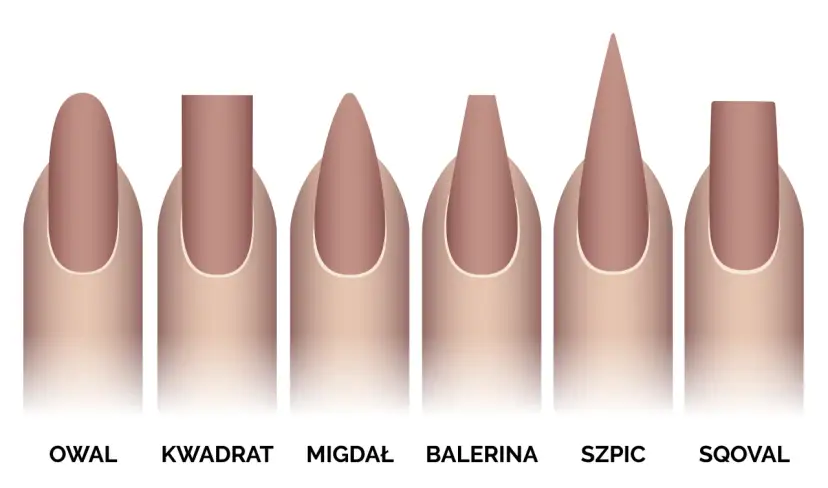 Ilustracja przedstawia sześć różnych kształtów paznokci żelowych: owal, kwadrat, migdał, balerina, szpic i sqoval.