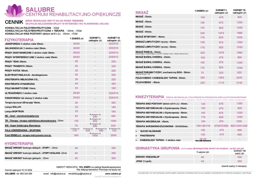 Cennik usług rehabilitacyjnych: fizjoterapia, masaże, kinezyterapia, hydroterapia, gimnastyka grupowa.