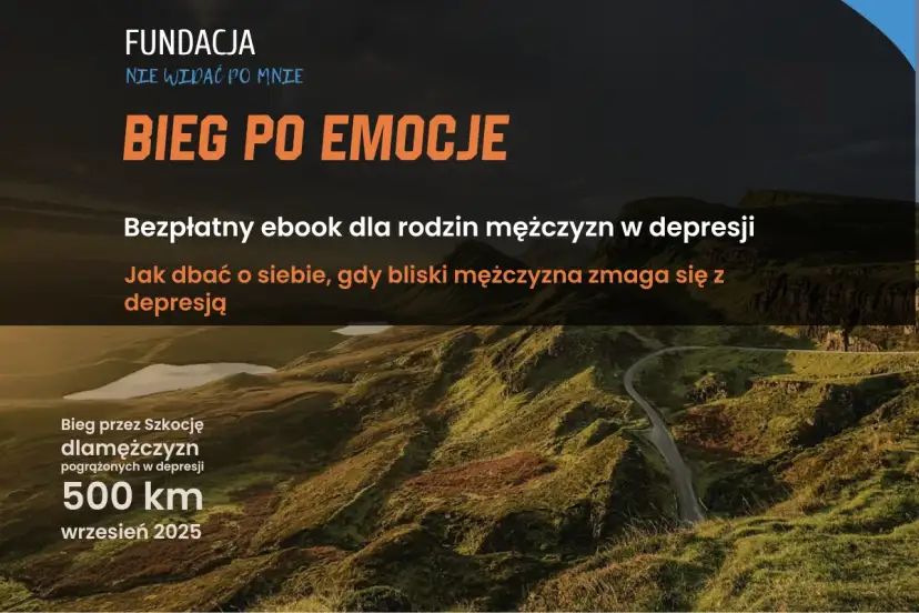 Krajobraz górski z napisem "Bieg po emocje" i informacją o ebooku dla rodzin mężczyzn w depresji.