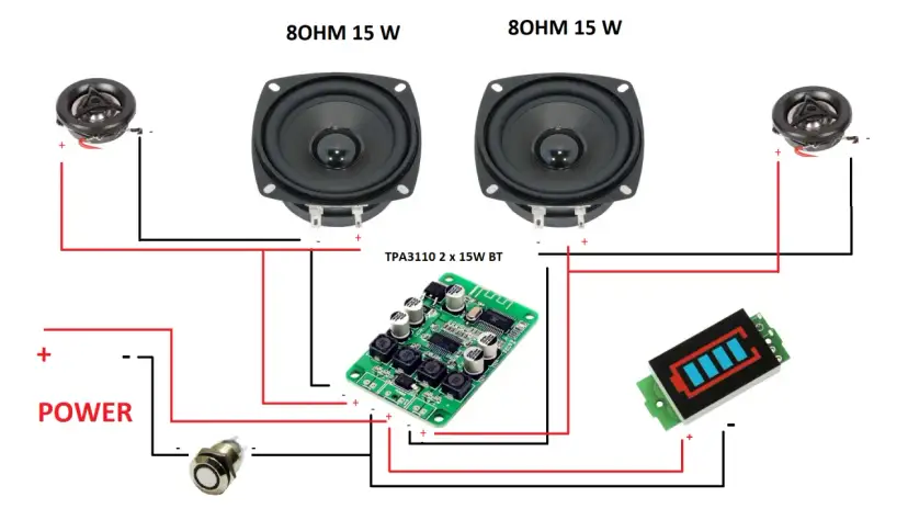 Schemat połączeń do zrobienia głośniki bluetooth: moduł TPA3110, głośniki 8Ohm 15W, przycisk i wskaźnik baterii.