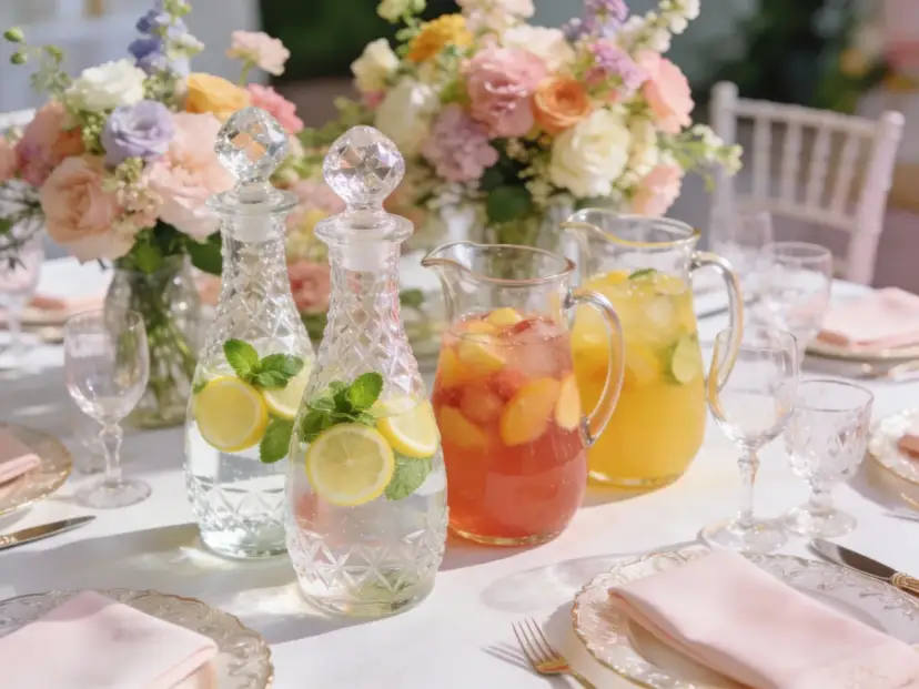 Elegancko nakryty stół weselny z dzbankami napojów, owocami i kwiatami.