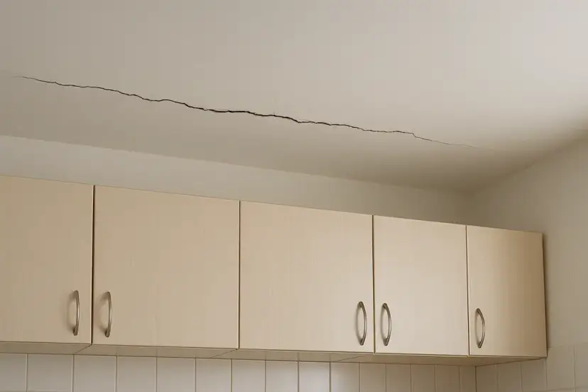Pęknięcie na suficie nad szafkami kuchennymi.