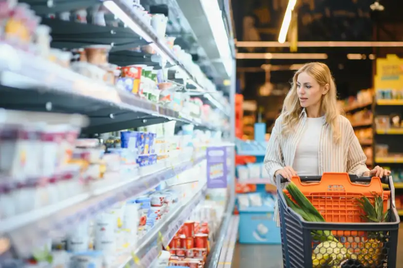 Kobieta z wózkiem pełnym warzyw i owoców w supermarkecie. Sprawdza rumunia ceny w sklepach, porównując produkty na półkach.