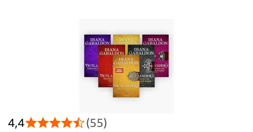 Mehrere Buchcover der Outlander-Reihe von Diana Gabaldon, teils mit Schmuckelementen.