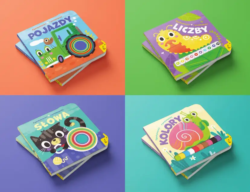 Cztery okładki książek dla dzieci: pojazdy, liczby, słowa i kolory.