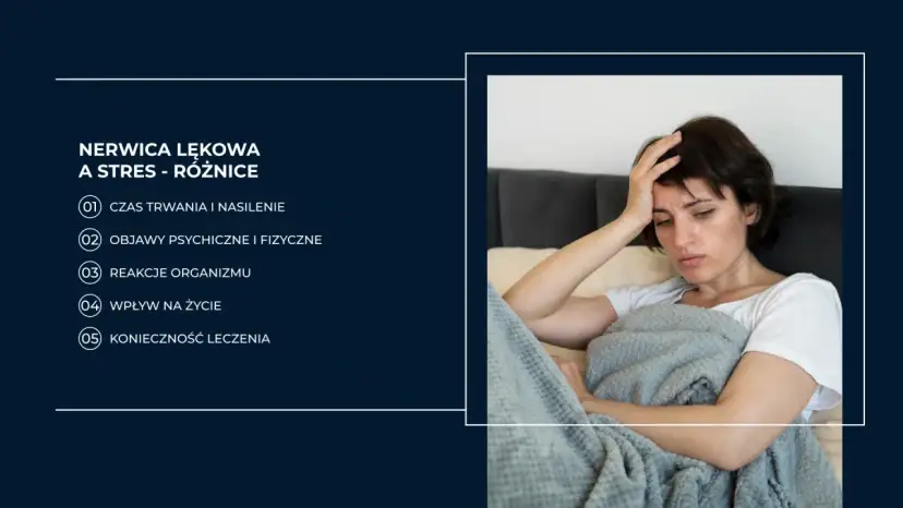 Kobieta w łóżku z ręką na czole, okryta kocem, wyrażająca niepokój.