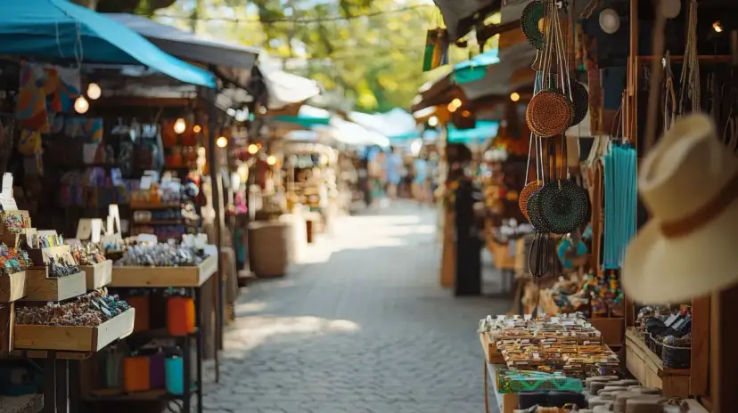 Targ w Budapeszcie, gdzie kupić pamiątki: kolorowe stoiska z torebkami, biżuterią i kapeluszami.