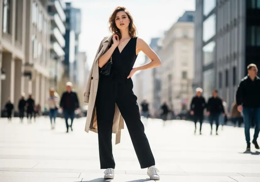 Kobieta w czarnym kombinezonie i beżowym płaszczu na ramieniu stoi na ulicy.