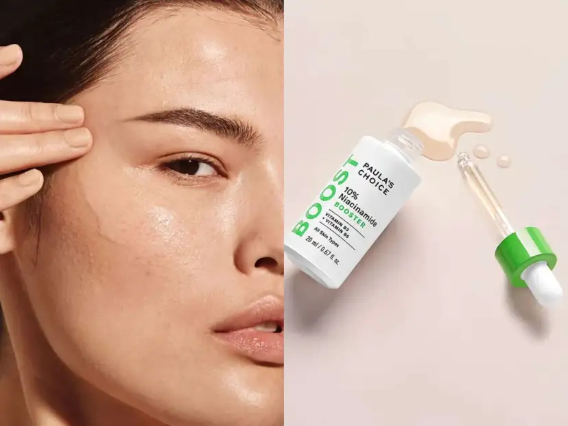 Twarz kobiety i buteleczka serum Paula's Choice z pipetką.