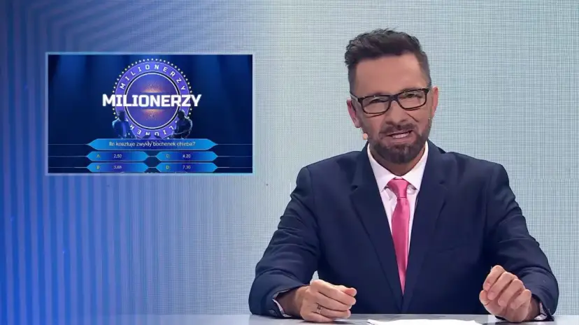 Prowadzący "Milionerzy" pyta: "Ile kosztuje zwykły bochenek chleba?". Na ekranie widać opcje odpowiedzi.