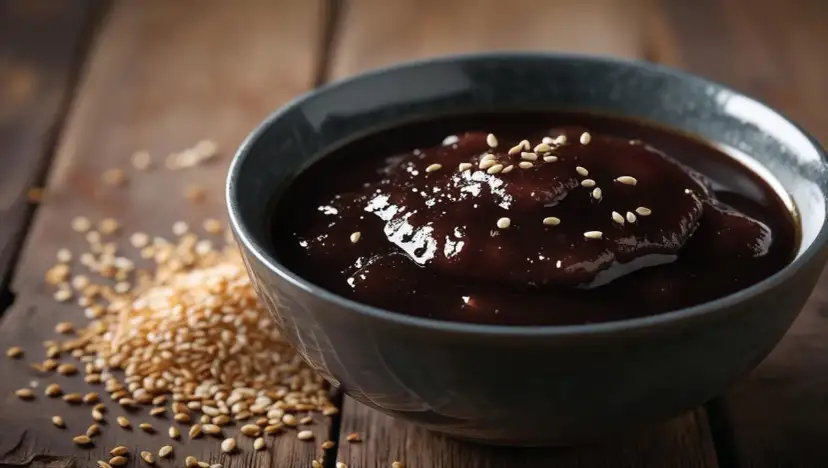Gęsty, błyszczący sos teriyaki w misce, posypany sezamem. Obok garść ziaren sezamu. Idealny sos teriyaki przepis.