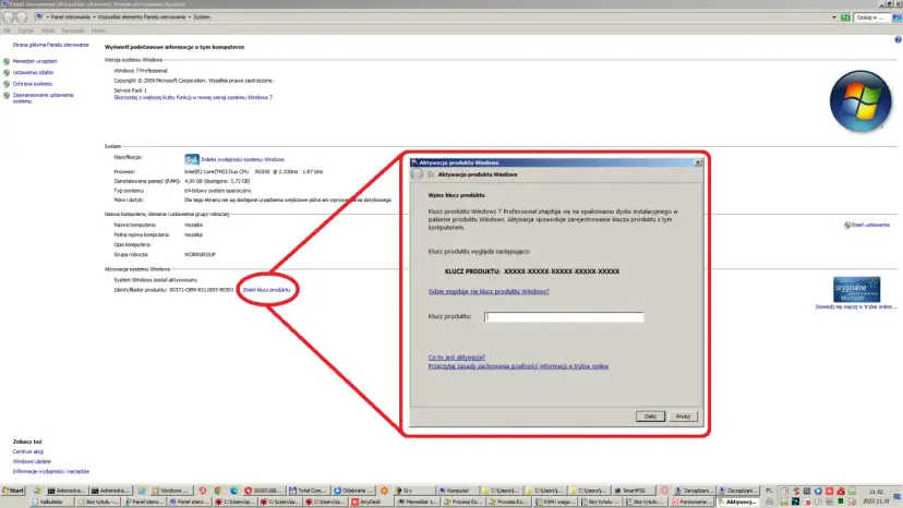 Okno aktywacji produktu Windows 7 z polem do wpisania klucza produktu.