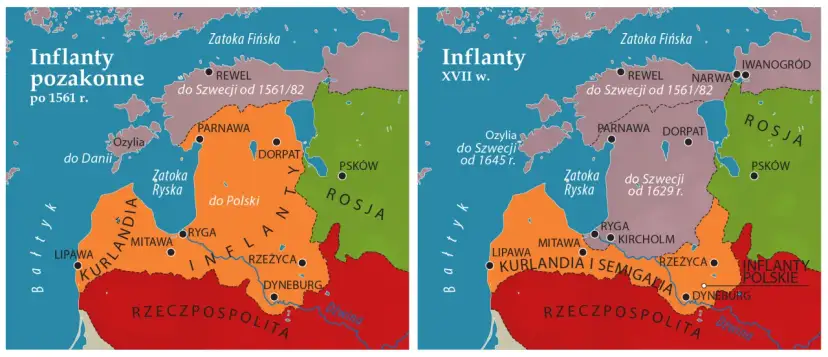 Mapy pokazują, gdzie leżą Inflanty: po 1561 r. i w XVII w. Widoczne są podziały terytorialne między Szwecją, Polską i Rosją.