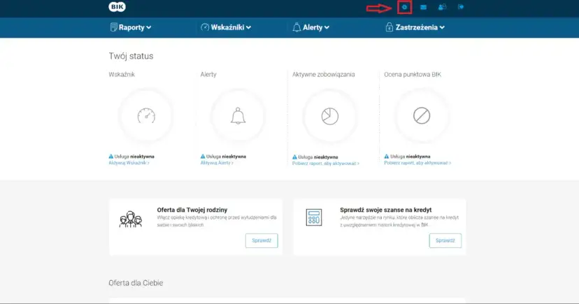 Panel BIK: status Twoich usług, jak sprawdzić scoring i oferty. Ikona ustawień.