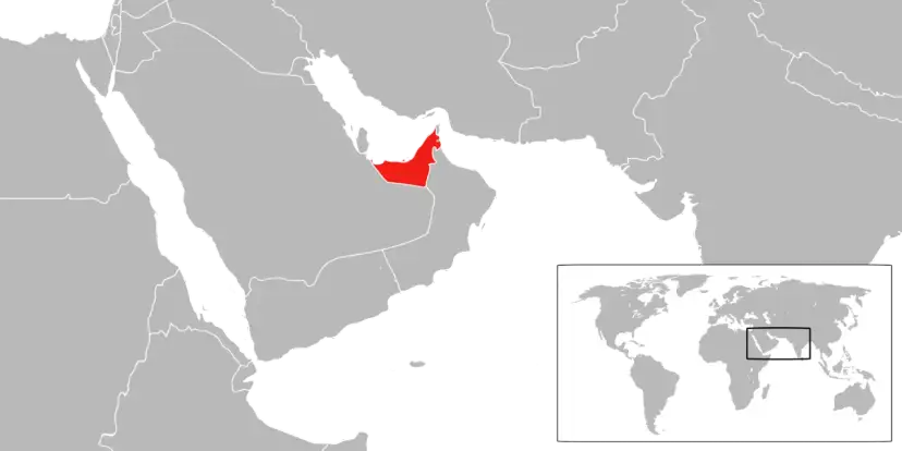 Mapa pokazuje Zjednoczone Emiraty Arabskie, gdzie leży Dubaj, na Półwyspie Arabskim.