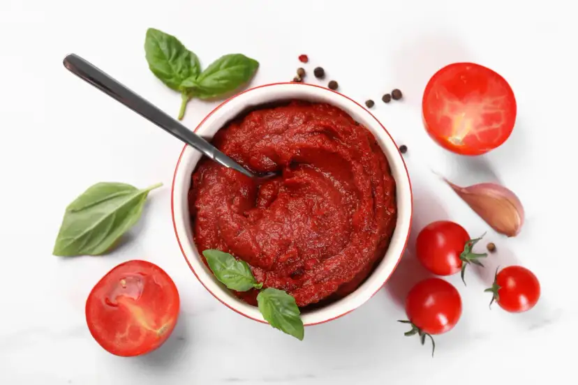 Gęsta, czerwona pulpa pomidorowa w miseczce, otoczona świeżymi pomidorkami, bazylią i czosnkiem. To właśnie jest pulpa pomidorowa, baza wielu pysznych dań.