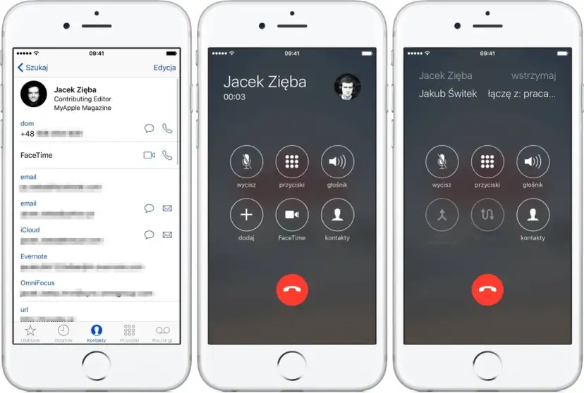 Trzy ekrany iPhone'a pokazujące nagrywanie rozmów. Widzimy kontakt, ekran rozmowy i ekran połączenia z innymi.