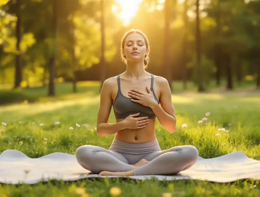 Kobieta w pozycji medytacyjnej na trawie, praktykująca **oddychanie przeponowe**. Słońce przebija się przez drzewa, tworząc ciepłą atmosferę.