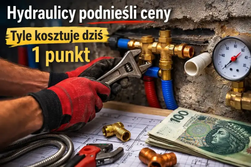 Dłoń w rękawicy naprawia instalację hydrauliczną, obok leżą pieniądze i schemat.