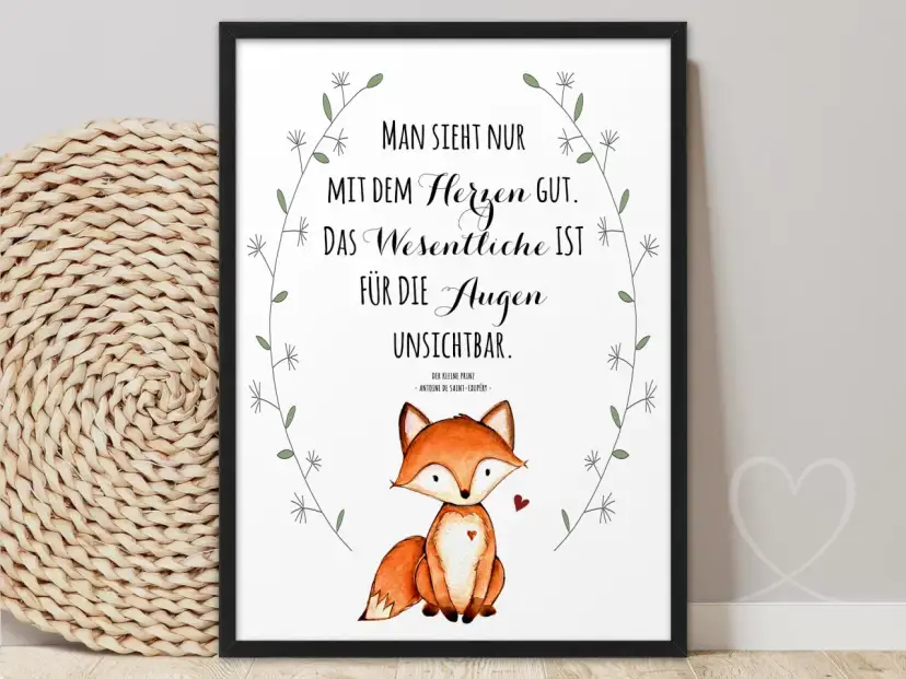 Gerahmtes Bild mit Fuchs und Zitat aus "Der kleine Prinz": "Man sieht nur mit dem Herzen gut.
