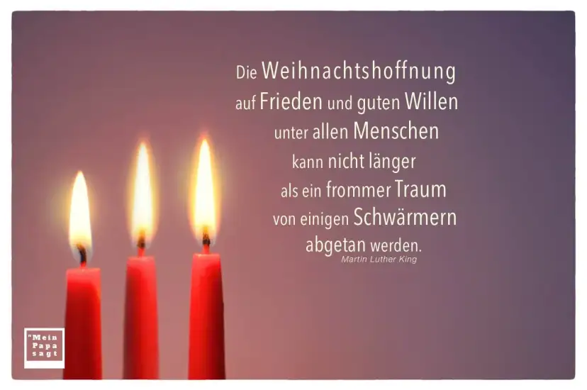 Drei brennende rote Kerzen vor einem lila Hintergrund mit einem Zitat von Martin Luther King Jr.