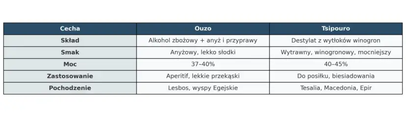 Tabela porównująca Ouzo i Tsipouro, dwa rodzaje greckiego alkoholu: skład, smak, moc i pochodzenie.