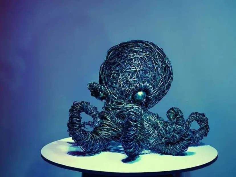 Rzeźba z drutu przedstawiająca ośmiornicę na białym tle.