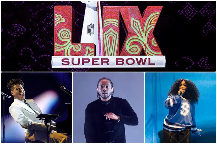 Super Bowl LIX Logo mit Jon Batiste, Kendrick Lamar und SZA.